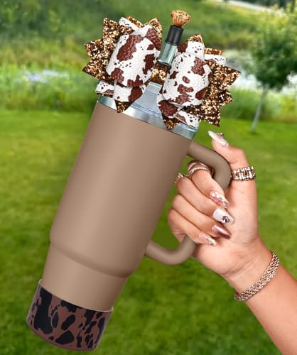 Toykee Cup Boot with Straw Cover for Stanley 40 30 oz - Cute Cow Print Bow Straw Topper and Brown Diamond Caps with Bottom Protector 3 PCS Sets for Tumbler Accessories