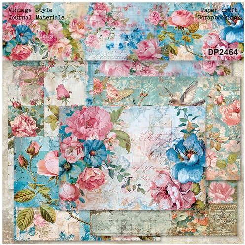 ZAKHSE Motivpapier Designpapier, 24 Blätter Rosa Blau Blumenmuster Design Papier Einseitig Bedruckt Scrapbook Papier, 21×14,5cm Bastelpapier DIY Kartengestaltung Scrapbook Zubehör-8 Muster