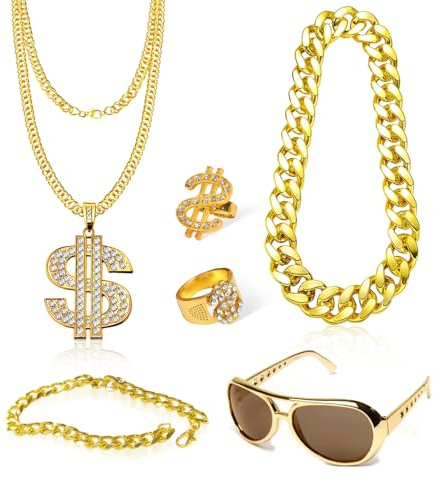Zuhälter Kostüm Gold Digger Kostüm Dollar Kette Rapper Kostüm Goldfarbenekette Kostüm 80er 90er Hip-Hop Mottopartys Karneval Retro Looks Halloween Maskerade Geburtstagsverkleidungen