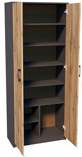 MATKAM Bücherregal R4, B/H/T 74x180x35cm ideal für Büro, Diele Wohnzimmer, Jugend- oder Kinderzimmer, mit verstellbaren Regalböden und satinierte Griffe (Anthrazit Grau-Wotan Eiche)
