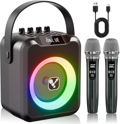 Portable Karaoke Machine with 2 Wireless Microphones, Karaoke Machine for Adults & Kids,Rechargeable Karaoke Microphone with 6 Voice Changer,Karaoke Speaker Supports Bluetooth,USB (Gray)
