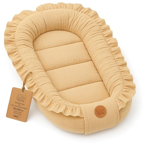 Babynest babynest för nyfödda med bärhandtag 90 x 50 cm babynest bärbart bo för säng barn mysnest kokong för pojkar och flickor Beige Musslin B
