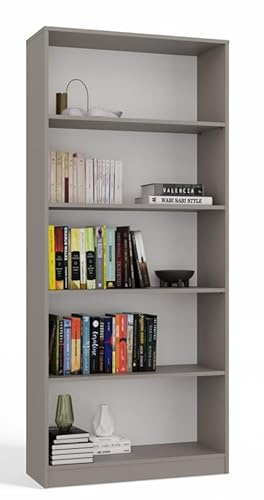 BDW Onyx 80 Bücherregal, 5 Fächer, 80x30x182cm, Standregal, Dokumentenregal, Wandregal, Raumteiler, Büroregal, Multifunktionsregal, aus Spanplatte (Grau)