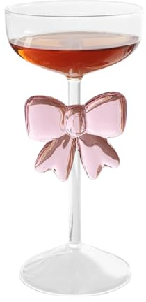Hapivida Bow Martini Glass, 300ml Clear Crystal Champagne Fashioned Glasses with Pink Bow for Weddings, Engagements, and Special Occasions