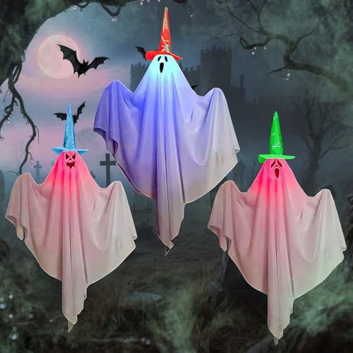 HarnyLoom 3 Stück Halloween Deko Outdoor Geister Lichter, LED-Licht Hängende Niedliche Geister Gespenster Deko Dekoration, Skelett Geister Gruselige Horror Halloween Leuchtdeko Party Garten