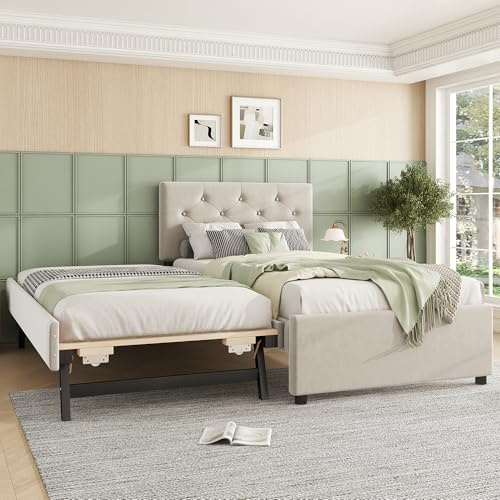 Modern Jugendbett 90x200, Polsterbett mit Ausziehbett, Ausziehbares Bett mit Lattenrost, Kinderbett für Jungen & Mädchen, Einzelbett/Doppelbett Daybett Gästebett Tagesbett, Samt, Ohne Matratze, Beige