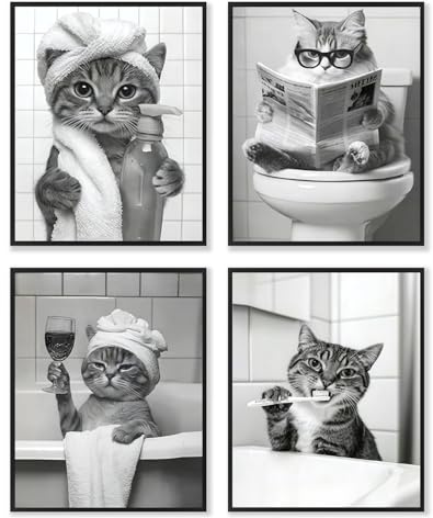 Dazzlewall 4Pcs Cuadro de Arte de Pared de Gato Divertido, Póster de Gato de Bañera de Baño Peculiar Decoración de Pared de Baño de Animales Caprichosos Impresión de Imagen, 8x10 Pulgadas Sin Marco