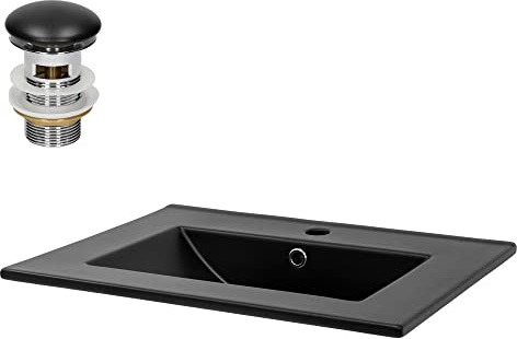 LuxeBath Waschbecken Keramik Schwarz 615x470x175 mm eckig mit Ablaufgarnitur Schwarz, Einbauwaschbecken mit Hahnloch/Überlauf Aufsatzwaschbecken Einbauwaschtisch Waschschale Waschplatz Handwaschbecken
