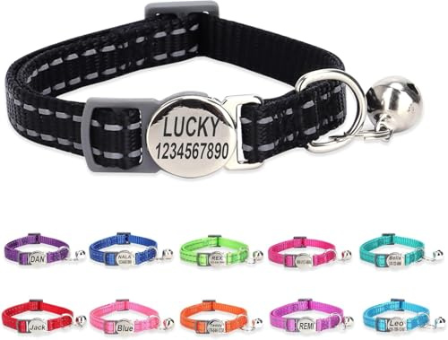 Collare per gatti personalizzato con incisione, fibbia di sicurezza e targhetta ID. Regolabile in nylon riflettente con campanellino, adatto a gattini e cuccioli. Nero