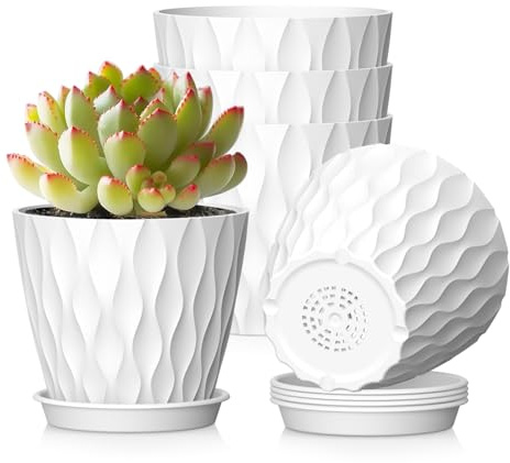 WSMKSZ 10.2 cm Plant Pots Indoor, 5 Pack Thick Plastic Flower Pots with Drainage Holes and Saucers, 3D Modern Wave Texture, Decorative Nursery Pots for Succulents, Herbs & Small House Plants, White