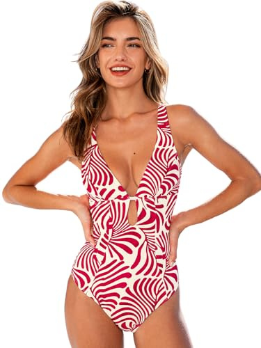 CUPSHE Badeanzug Damen Tiefer V Ausschnitt Strukturmuster | Schlüsselloch Detail, Zierausschnitte,Blumenmuster, Figurformend, Für Strand und Pool,Bademode Swimsuit