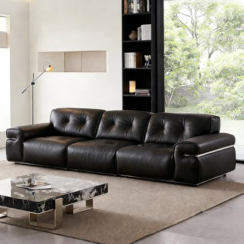 Italiensk lyxig enkel svart lädersoffa, rymlig och mjuk soffa med massiv träram, modern stor storlek, lämplig för vardagsrum/kontor/lägenhet.