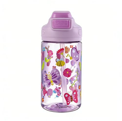 MHwan Borraccia Bambini, 400ml Robusta, Infrangibile, a Prova di Perdite | Senza BPA, Apertura One-Touch, Facile da Pulire, con Cannuccia, adatta per la Scuola e Le Gite (Farfalla)