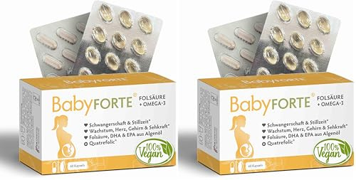 BabyFORTE Folsäure + Omega-3 | Algenöl | Alle Trimester | 18 Schwangerschaftsvitamine vegan | 60 Kapseln | Quatrefolic, Magnesium, Jod, DHA EPA Schwangerschaft | Stillzeit (Packung mit 2)