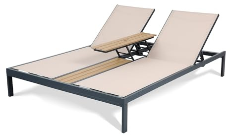 KHG Doppelliege Taupe für 2 Personen, Gartenliege mit Verstellbarer Rückenlehne für Balkon, Terrasse oder Garten, Beistelltisch in Rahmen integriert, je 120kg belastbar, 150x83x196 cm