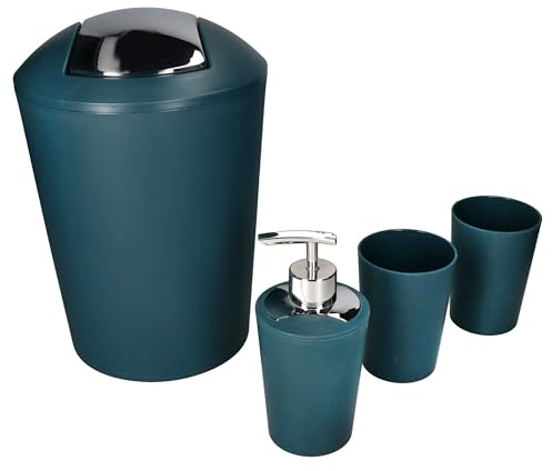 MamboCat Marta Ensemble de salle de bain 4 pièces - Bleu pétrole mat - Accessoires de salle de bain en plastique - 2 gobelets à dents - 1 distributeur de savon et 1 poubelle cosmétique de 5 l