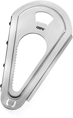 GEFU Multifunktionsöffner 4 in 1 PRACTICO - Edelstahl Kapselheber & Öffner | Dosenpiekser und Schraubdeckelöffner bis Ø 8 cm, gummierte Grifffläche für Halt, spülmaschinengeeignet, robuster Stahl