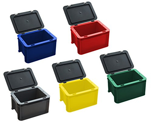 5 Stk. MINI-Stapelkasten mit schwarzem Verschlussdeckel (rot, blau, grün, gelb, grau), 200x150x120 mm (L x B x H), Industriequalität