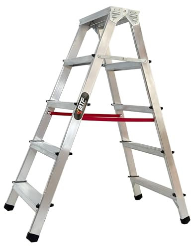 BTF | Escabeau Pliable 5 Marches en Aluminium Double Face | 5+5 Marches Plateforme De Travail H.110 cm | Hauteur Accessible 3,1 mètres | Certifié EN131 Charge Max. 150 kg. BTF-DDB05