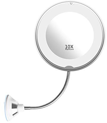 Imikoko Flexible Gooseneck LED Light Makeup Mirror, 10X Magnifying Makeup Mirror with Locking Suction Cup, Diffused Light and 360° Swivel