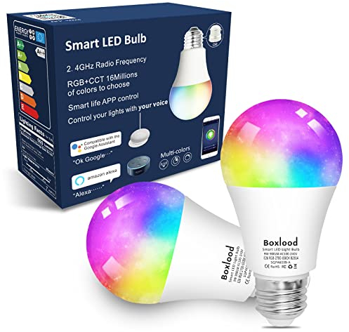 BOXLOOD Lampadina Smart E27 Lampadine Alexa WiFi 7W A60, 60W Equivalente,Lampada Intelligente LED Dimmerabile Controllo Vocale Compatibile con Google Home, RGB 2700K-6500K, 2 Pezzi