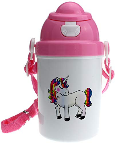 Go Find A Gift Personalised Girls Pink Unicorn Plastic Drinking Bottle With Popup Lid and Straw