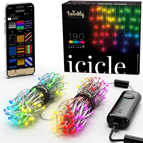 Twinkly Icicle 190 LED RGB, Outdoor and Indoor Cascade Lights, Smart Multicolor LED Lights, Compatible with Alexa, Google Home, IP44, App Control, Transparent Wire, 5.5m