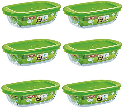 Pyrex Microwave Safe Classic Rectangular Glass Dish Vented Lid 0.35 Litre Green (Pack of 6)