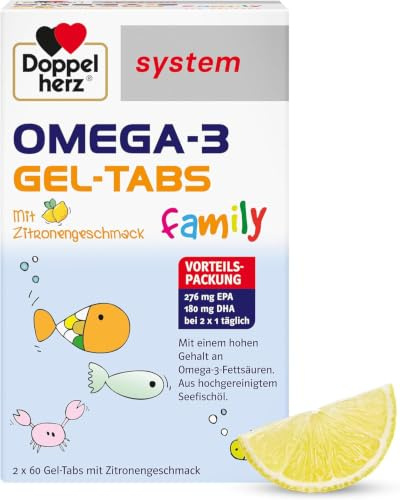 DOPPELHERZ Omega-3 Gel-Tabs family system 120 St | Enthält 180 mg DHA, ein Baustein des Gehirns, als Tagesportion (2 Gel-Tabs) – 120 Tabs