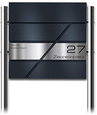 Metzler Standbriefkasten in Anthrazit Zeppelin - Edelstahl Namensschild - Pulverbeschichtung in RAL 7016 Feinstruktur Matt - Briefkasten mit Gravur & Ständer - Größe: 37 x 37 x 10,5 cm - Höhe 120 cm