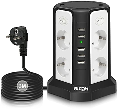 【Sicherer Platzsparender Steckdosenturm】8 EU-Steckplätze + 5 USB-A Anschlüsse | 4-Zonen Schalter & Überspannungsschutz | 3m Kabel Steckdosenturm mit USB - Kompakter Vertikaler Mehrfachsteckdose Würfel