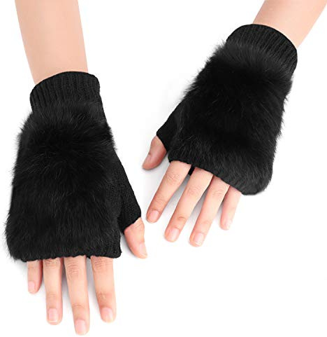 TINAYAUE Gants Hiver Demi-Doigts en Fausse Fourrure de Lapin pour Femme - Mitaines Chaudes en Peluche, Tricotés, Epais sans Doigts - Moufle de Ski pour Etudiant Adulte - Noir 17x20cm