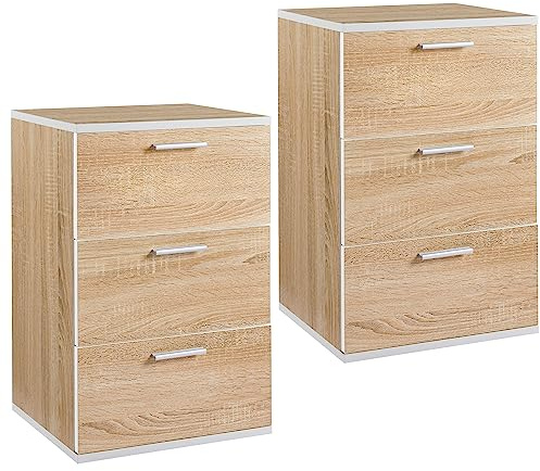 Yaheetech 2er Set Nachttisch Nachtschrank 3 Schubladen Nachtkommode mit Metallgriffe 60cm hoch Beistelltisch Schubladenschrank für Schlafzimmer/Wohnzimmer, Eiche