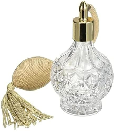 Topxome Botella de perfume de estilo vintage de cristal transparente de 100 ml Borlas de aerosol largo Bomba atomizador Botellas de vidrio recargables Señora Herramienta de maquillaje (Oro)