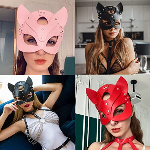 SINSEN Damen Leder Katze Maske Sexy Halbgesicht Augenmaske Cosplay Kostüm Requisiten Halloween Party Maskerade Karneval Zubehör