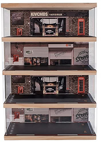 Kivcmds 1:24 Scale 4-Tier Vehicle Display Case with Parking Lot Scene for Sports Car & Lego Collectors, Display Stand for Alloy Car Model Toy (4-Tier Auto Repair Store Scene)