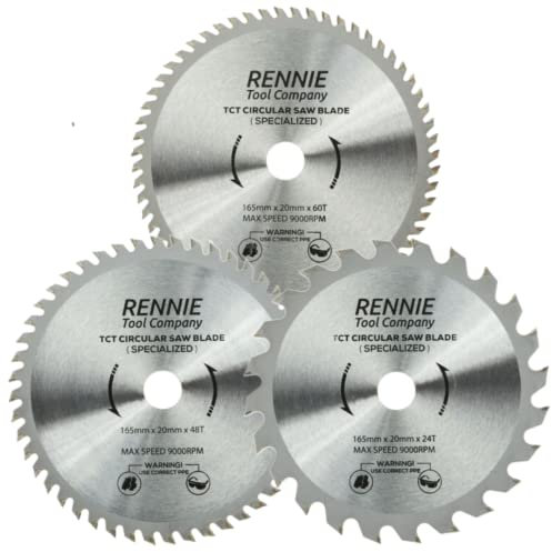 Rennie Tools - Pack Of 3-165mm x 24T, 48T And 60T x 20mm Bore. 165mm Circular Saw Blades Medium/Fine Finish. Fits Bosch Makita Ryobi Dewalt DC390, DWE007, DCS391, DC391N Circular Saws etc, Thin Kerf