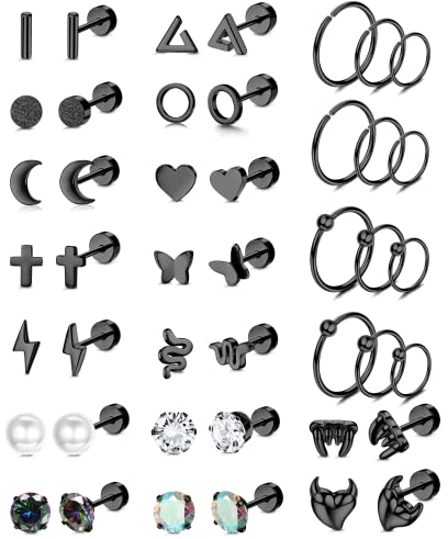 Milacolato 22 Paar Knorpel Ohrstecker Set für Frauen Männer 316L Edelstahl Mond Stern Schlange Blatt CZ Geometrischer Knorpel 20G Tragus Helix Ohr Piercing Flach Zurück Ohrstecker Piercing Schwarz