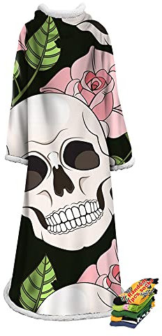 Hearda Oversized Kuscheldecke mit Ärmeln, Floraler Totenkopf-Print Wearable Decke Flauschige Warm Plüsch Extra Lang TV-Decke, Fleecedecke für Erwachsene Damen Herren (Pinke Blume,127x178cm)