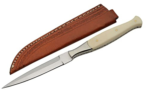 SZCO Supplies DH-8037BO Slim Full Tang Bone Handle File Work Double Edged Knife with Sheath, 8.5 Length