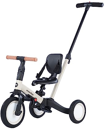 Dreirad ab 1 Jahr mit Schubstange 6in1 - Beige Laufrad - Dreirad mit Schubstange - Baby Fahrrad ab 1 Jahr - Fahrrad Kinder - Laufräder - Sicherheit Lauflernrad für Ihr Kind Dank 3-Punkt-Gurt