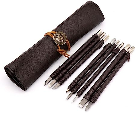 XiBany 8-teiliges Handwerkzeug aus Wolframstahl, Schnitzmesser-Set, Siegelsteinstichel, Schriftzug-Gravierwerkzeug mit Ledergriff + Ledertasche