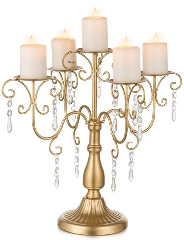 Sziqiqi Candelabra Centerpieces Gold Candle Holder - 5 Arm Pillar Candle Holders with Crystal Beads for Christmas Table Centrepiece Halloween Wedding Candleholders Decoration