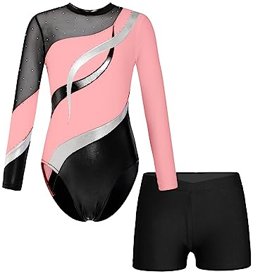 iEFiEL Mädchen Turnanzug Langarm Gymnastik Trikotanzug Glänzende Turnen Set Klassisch Gymnastikanzug Kinder Tanzbody Za Rosa 134-140