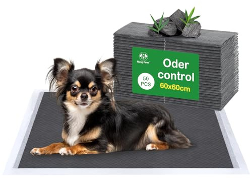Flying Paws Welpen-Trainingsunterlagen L, 50 Stück mit Aktivkohle, 60×60 cm | Hochsaugende, auslaufsichere Pipimatten mit Geruchsbindung, geeignet für Hundeboxen, Böden, Sofas und Autositze