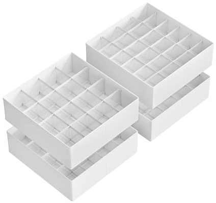 SONGMICS Set of 4 Drawer Organisers, 80 Compartments (2x16+2x24), Foldable Closet Organiser, 30 x 30 x 10 cm, Boxes for Socks, Underwear, Belts, Cloud White RUS011W01