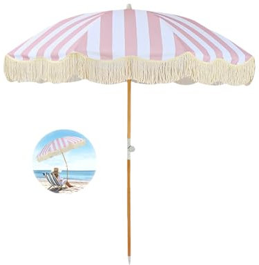 ELZEM 180cm Sonnenschirm Strand Uv Schutz Balkonschirm Mit Quasten Gartenschirm Neigbar Tischschirm Wasserdicht Marktschirm Mit 8 Rippen/Tragetasche Für Balkon Garten Terrasse Strand