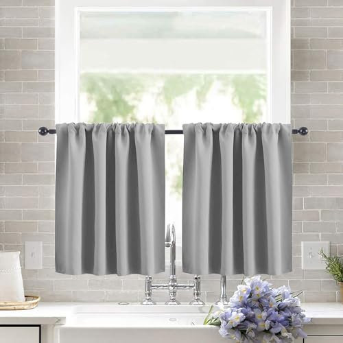 KnSam Wohnzimmer Vorhänge Wärmeisolierend Verdunkelungsvorhang Kurz Stangendurchzug 2er Set Gardinen Blickdicht Thermogardine gegen Hitze, 60 x 120 cm(HxB), Grau