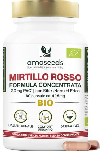 Mirtillo Rosso BIO | 5% PAC, Estratto ad Alta Concentrazione | Comfort Urinario, Reni, Vescica | Formula con Ribes Nero e Erica Bio | 60 capsule | Qualità Superiore