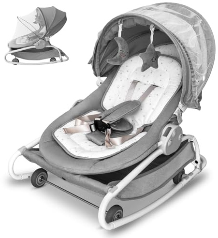 Cutebeams 4-in-1 Electric Baby Swing, Electric Baby Bouncer, Dining Chair, Removable Rocker with 16 Preset Melodies, 0-30 Months Max 33 lbs, Grey，No Power Bank Included